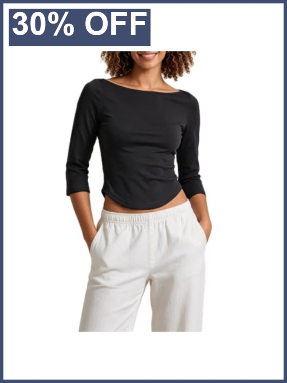 Women 3/4 Sleeve Boat Neck Crop Top Slim Fit Y2K Baby Tee